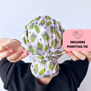 Pickle Pattern HelloHeadband Scrub Cap with Ponytail Tie